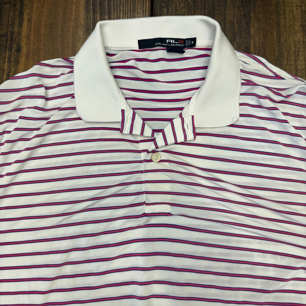 RLX Ralph Lauren performance‎ golf Polo Shirt Striped White Purple Mens Medium